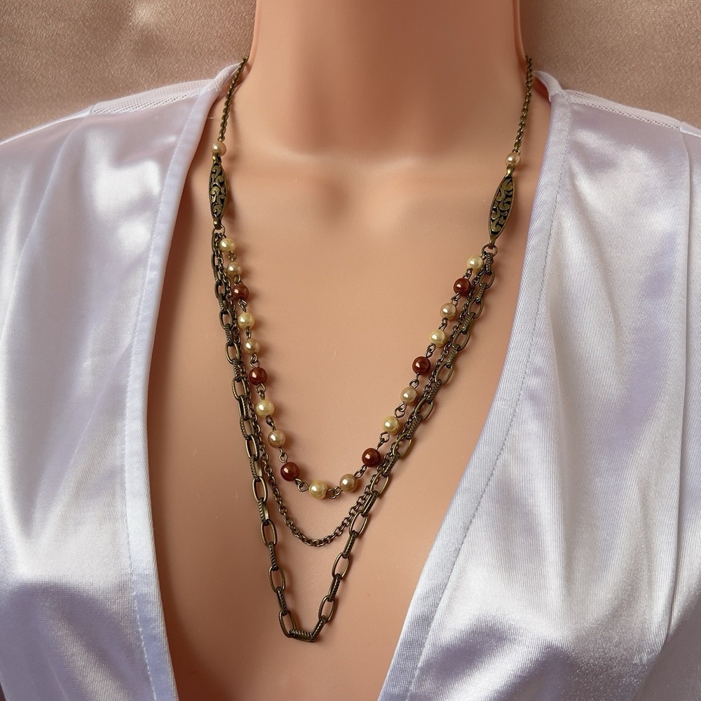 Vintage Triple Layered Necklace 3 Color Faux Pearl Bead Boho Bronze Tone 22-24"